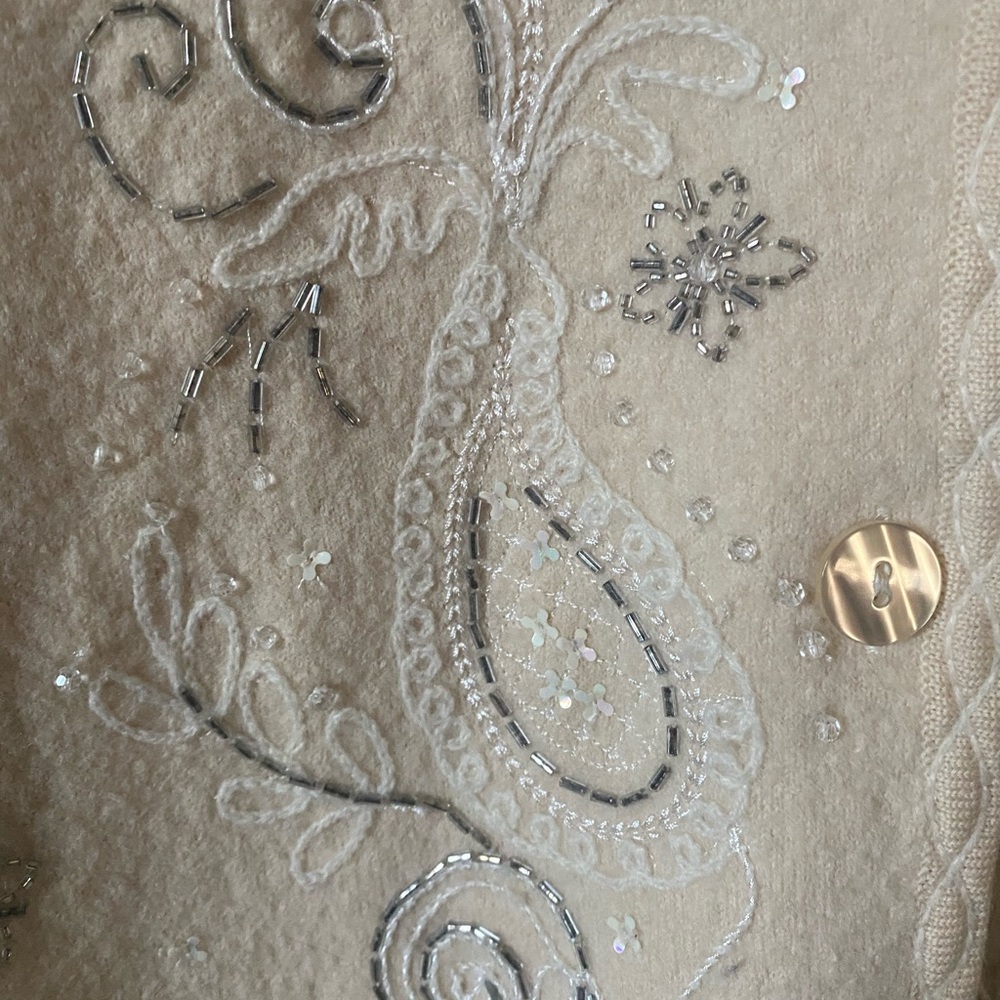 Talbots Cream 100% Marino Wool Sweater with Sequins, Glitter and Tiny Pearls - Picture 4 of 9